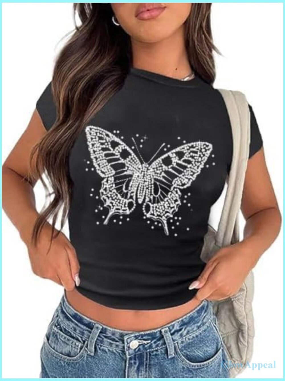 Y2k Butterfly Print Crop Top Cowgirl Rhinestone Tee Vintage Baby Tee